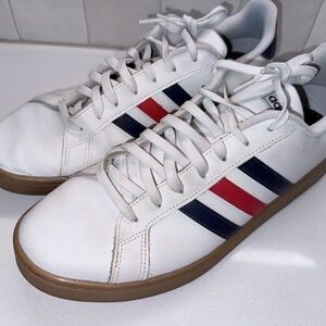 adidas White Sneakers with Red and Blue Stripes